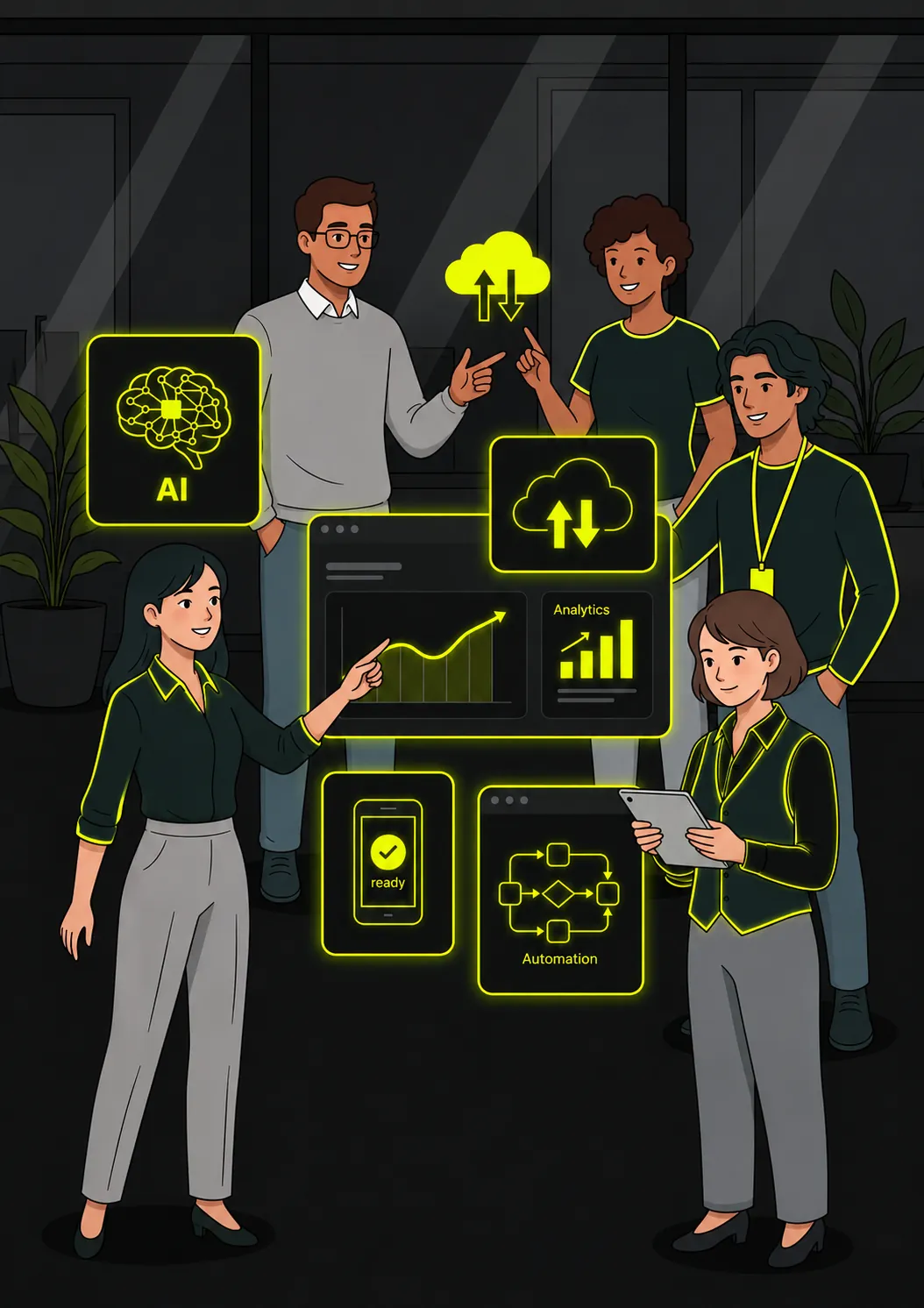 Illustration of the V7Lancers technology team collaborating around AI and cloud dashboards