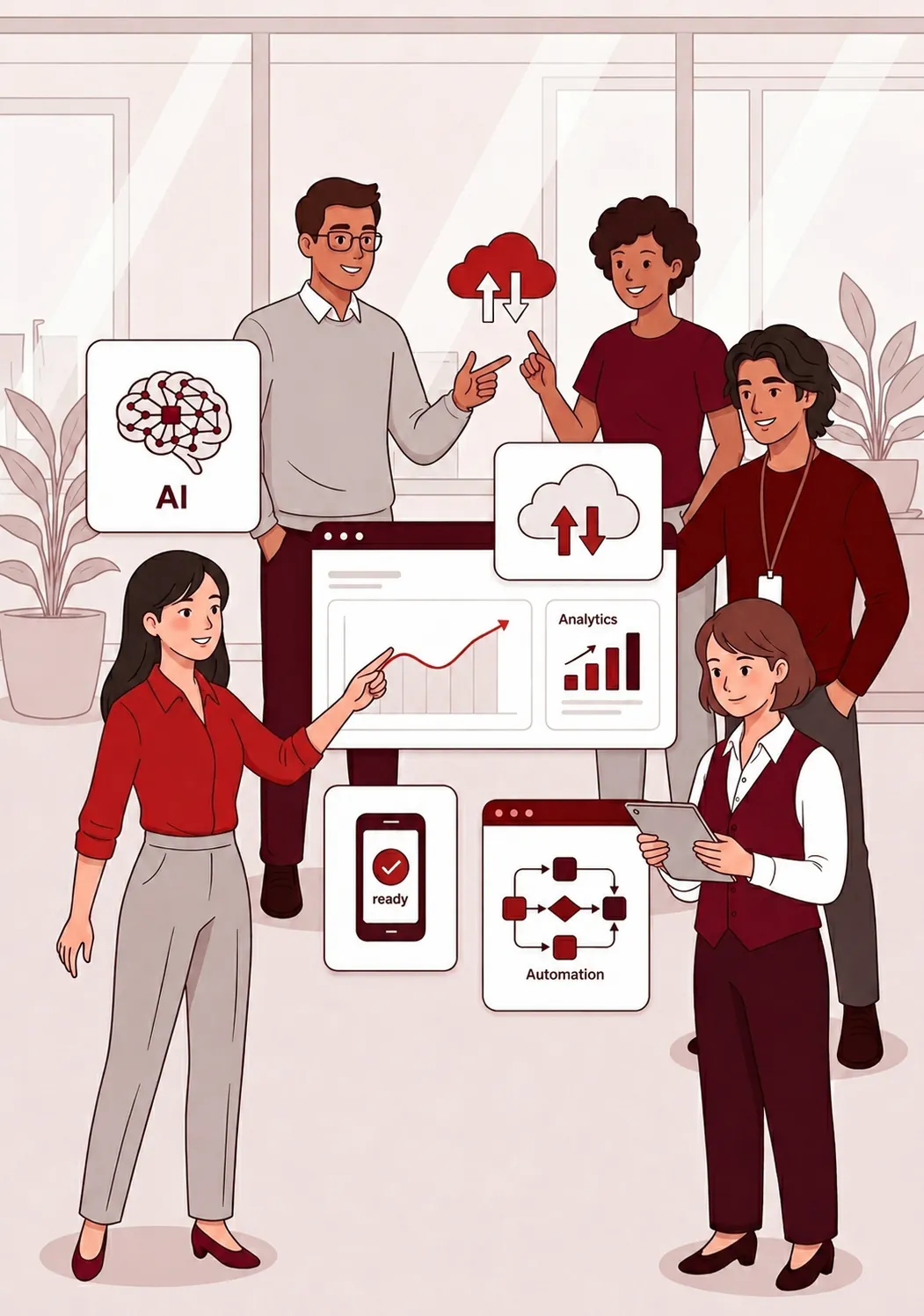 Illustration of the V7Lancers technology team collaborating around AI and cloud dashboards