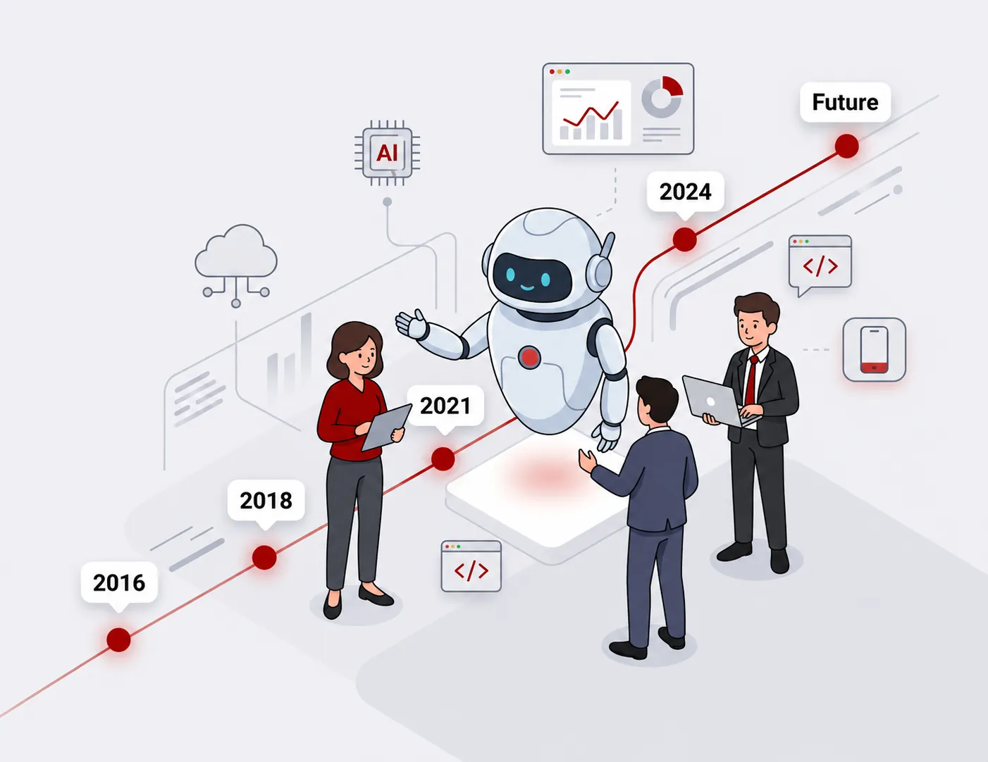 Illustration of the V7Lancers journey from 2016 to the future, with a robot and team members along a rising path