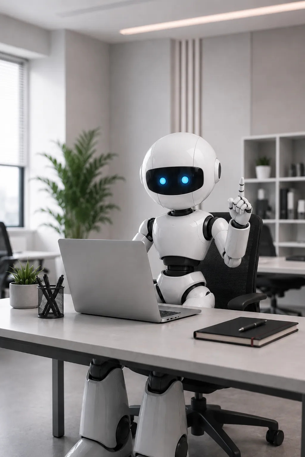 Illustration of an AI robot working at a laptop in the V7Lancers office