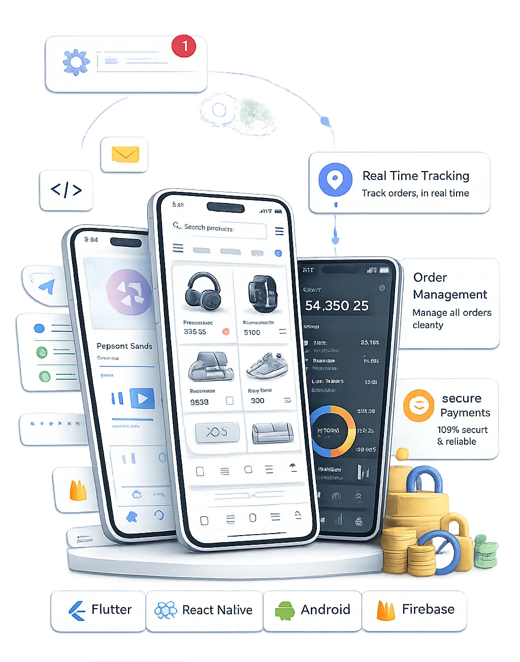 Illustration of a mobile app interface on a smartphone with notifications and analytics