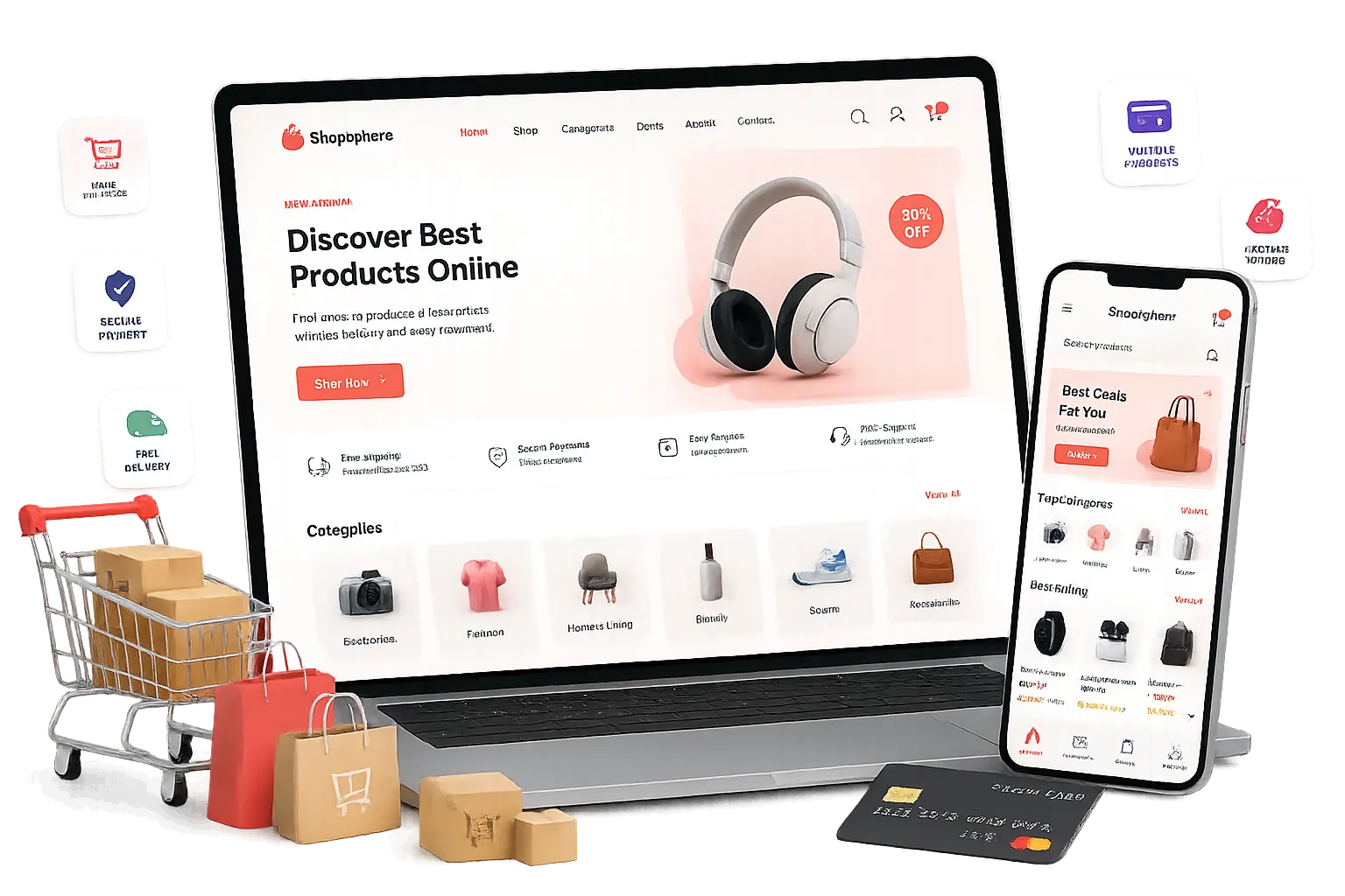 Illustration of an online store with product cards, a shopping cart and secure checkout on laptop and mobile