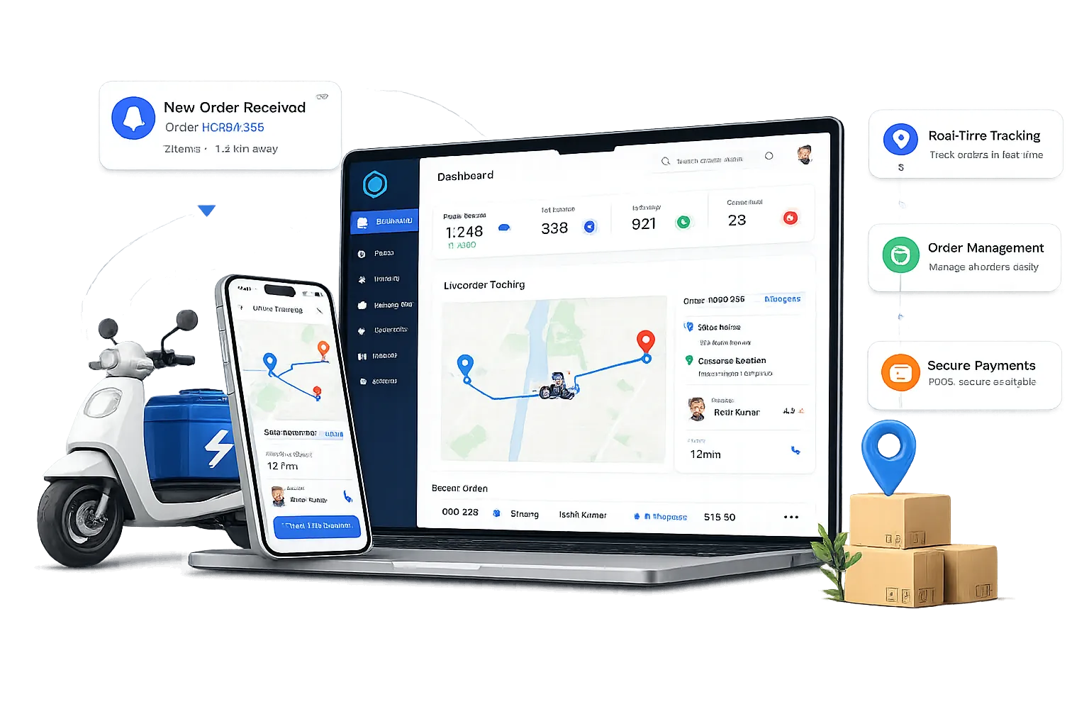Illustration of a delivery app with live order tracking on a map, a delivery scooter and parcels
