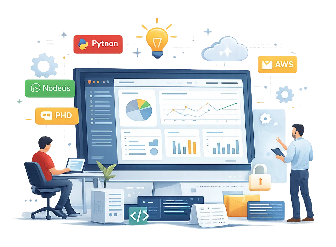 Illustration of custom business software dashboards with workflow automation and cloud integration