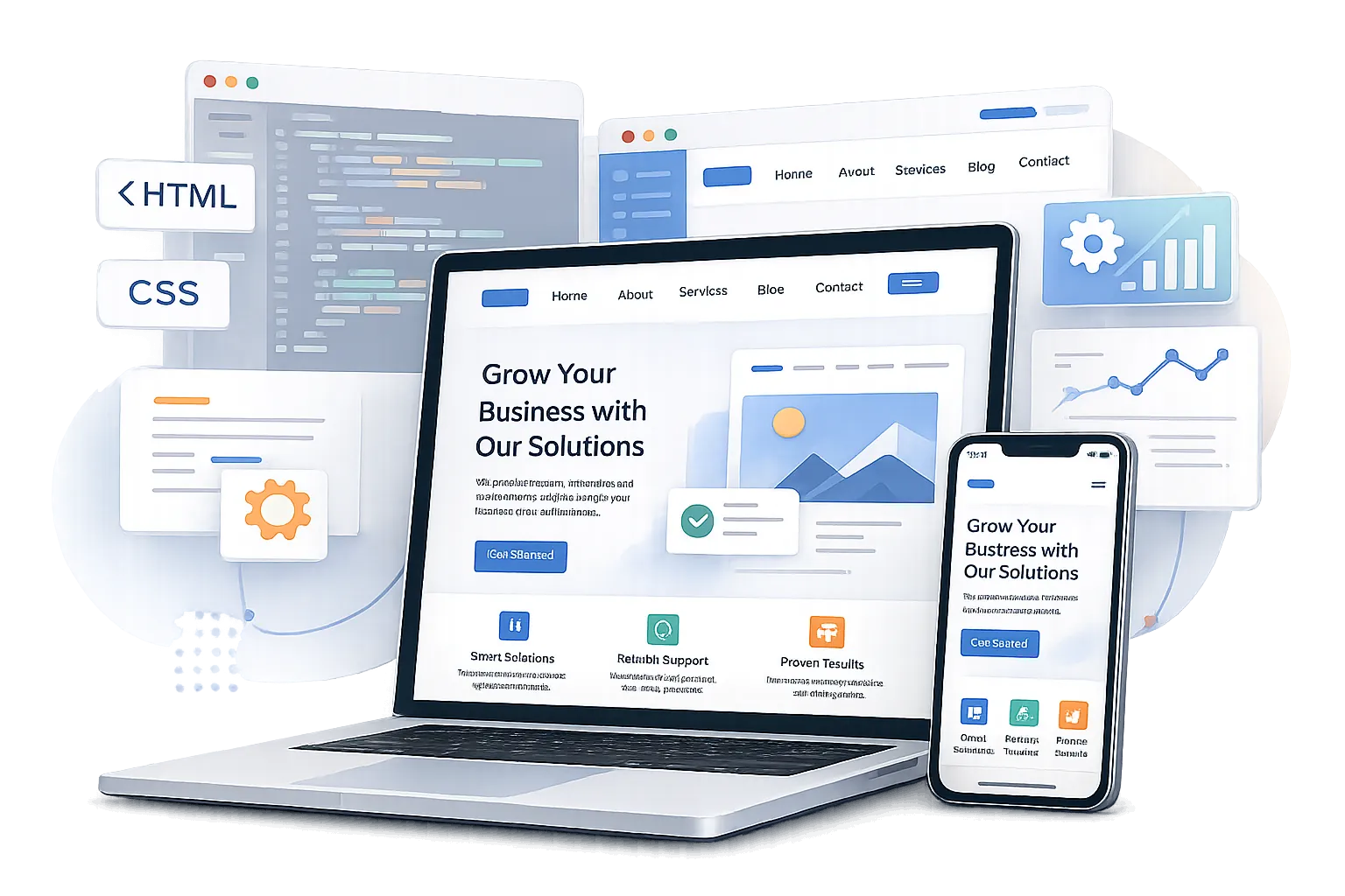Illustration of a responsive business website shown on a laptop and a phone, with HTML and CSS code panels